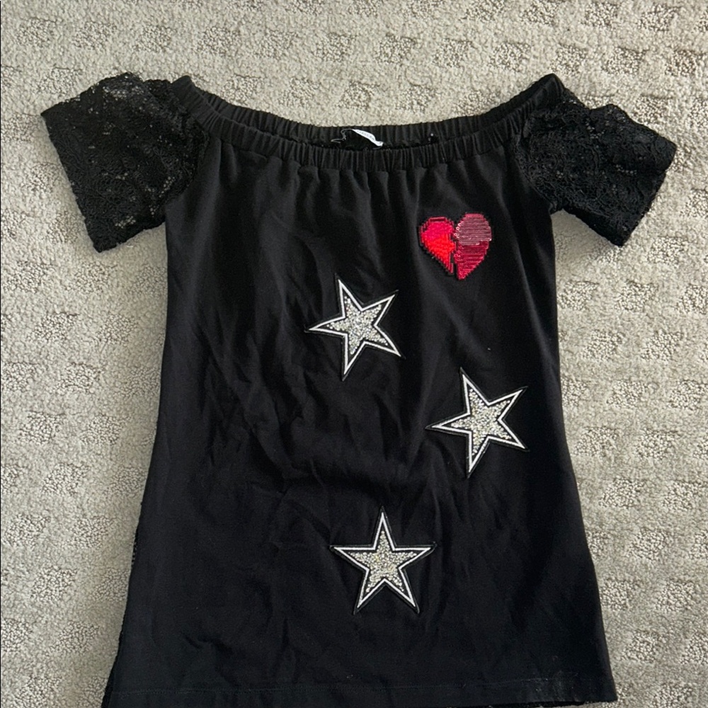 Flavio Castellani Black Lace Top with Heart and Star Patches